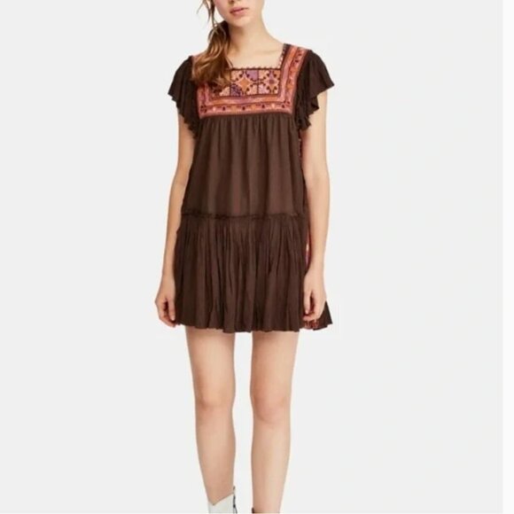 Free People Brown Boho Embroidered Ruffle Trim Cutout Mini Dress - Picture 8 of 8